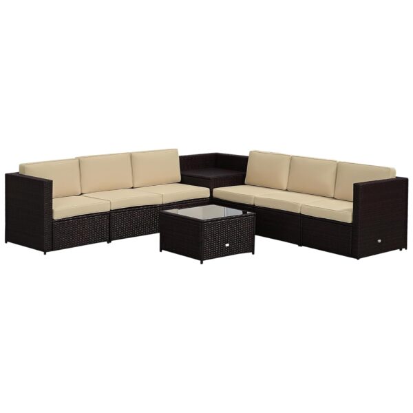 Outsunny 8 Pieces Outdoor PE Rattan Sofa Set with Cushions, Patio Garden Furniture Sets with Glass Top Coffee Table, Storage Corner Table, Brown