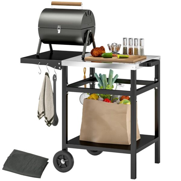 Outsunny BBQ Trolley with Stainless Steel Top and Foldable Side Table, Outdoor Kitchen BBQ Station with Hooks and Shelf, Pizza Oven Table Movable Outdoor Grill Dining Cart with...