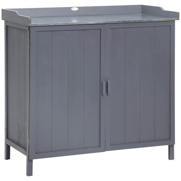 Outsunny Garden Storage Cabinet, Outdoor Tool Shed with Galvanised Top and Two Shelves, Potting Bench Table for Garden Tools or Pool Accessories, Grey