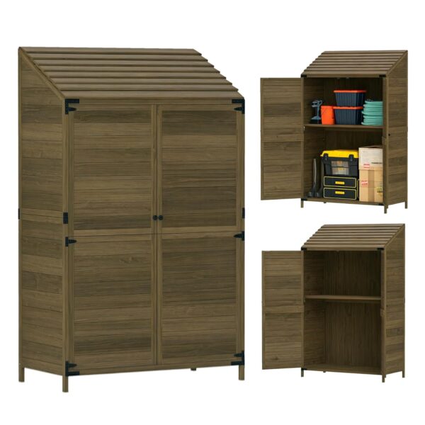 Outsunny Lean-to Small Shed, Tall Wooden Garden Shed with Slatted Bottom, Magnetic Doors, Double Shelves, Outdoor Tool Log Store, 103.5 x 59 x 174.5 cm, Olive Brown