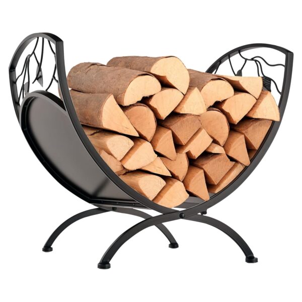 Outsunny Metal Arced Firewood Log Holder Indoor Outdoor Folding Firewood Rack Fireplace Wood Storage Shelf w/Leaf Pattern Design, Black, 43.5W x 36.5D x 41H cm