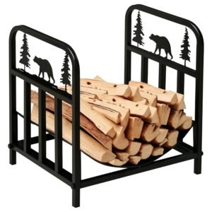 Outsunny Metal Firewood Log Holder Indoor Outdoor Firewood Rack Inner Arced Fireplace Wood Storage Shelf w/Bear Shape Design, Rust-Resistant, Black, 42W x 33.5D x 43H cm