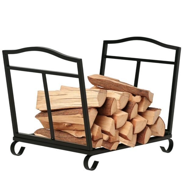 Outsunny Metal Firewood Log Holder Indoor Outdoor Folding Firewood Rack Fireplace Wood Storage Shelf w/Scrolls, Rust-Resistant, Black, 48L x 34W x 37Hcm