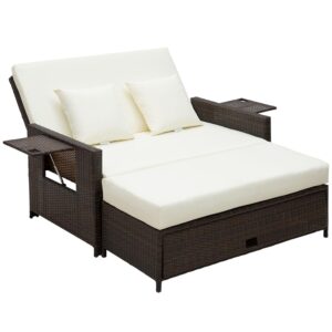Outsunny Rattan Garden Daybed, Assembled Double Sun Lounger with 5-Level Adjustable Back, Storage Ottoman, Cushions, Pillows and Retractable Trays, Outdoor Loveseat Sofa Bed for...