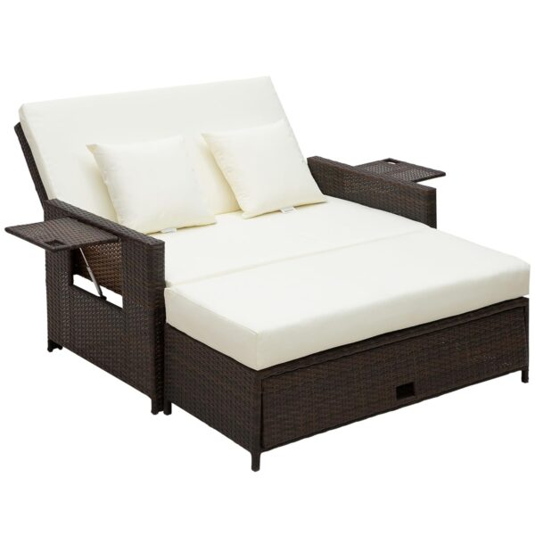 Outsunny Rattan Garden Daybed, Assembled Double Sun Lounger with 5-Level Adjustable Back, Storage Ottoman, Cushions, Pillows and Retractable Trays, Outdoor Loveseat Sofa Bed for...