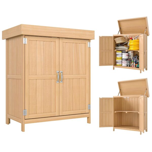Outsunny Small Shed, Wooden Garden Shed with Openable Hinged Roof and Removable Shelf, Outdoor Tool Storage Cabinet Chest with Double Doors, 74 x 43 x 88 cm, Natural Wood Finish
