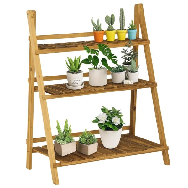 Outsunny Wooden Folding Flower Pot Stand 3 Tier Garden Planter Display Ladder Gardener Storage Shelves Rack Herb Holder (80L x 37W x 93H cm)