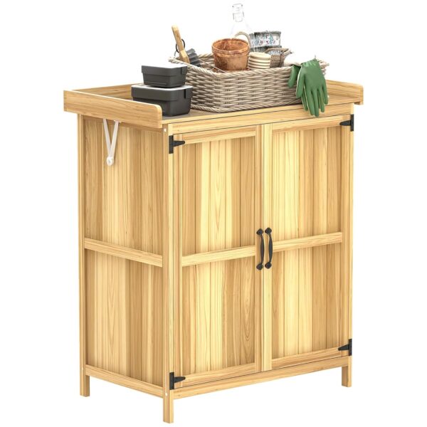 Outsunny Wooden Garden Shed, Garden Tool Storage Shed with Hinged Roof and Shelf, Outdoor Storage Cabinet with Double Doors, Natural Wood Finish