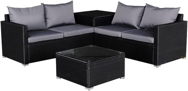 Panana 4 Seater Rattan Furniture Set Lounge Corner Sofa Set with Storage Cabinet, Coffee Table, Furniture Cover for Garden Patio Outdoor (Black Wicker with Grey Cushions)