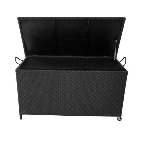 Panana Large Polyrattan Garden Storage Box, Rattan Deck Box with Wheels, 120x57x64cm Zippered Liner Outdoor Patio Wicker Chest Organiser Furniture for Cushions Tools Toys (Black)