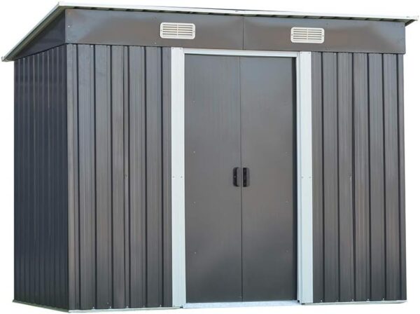 Panana Sheds 8 x 4ft Tool Storage House Metal Garden Apex Roof Storage Shed Door At 8FT side (Grey)