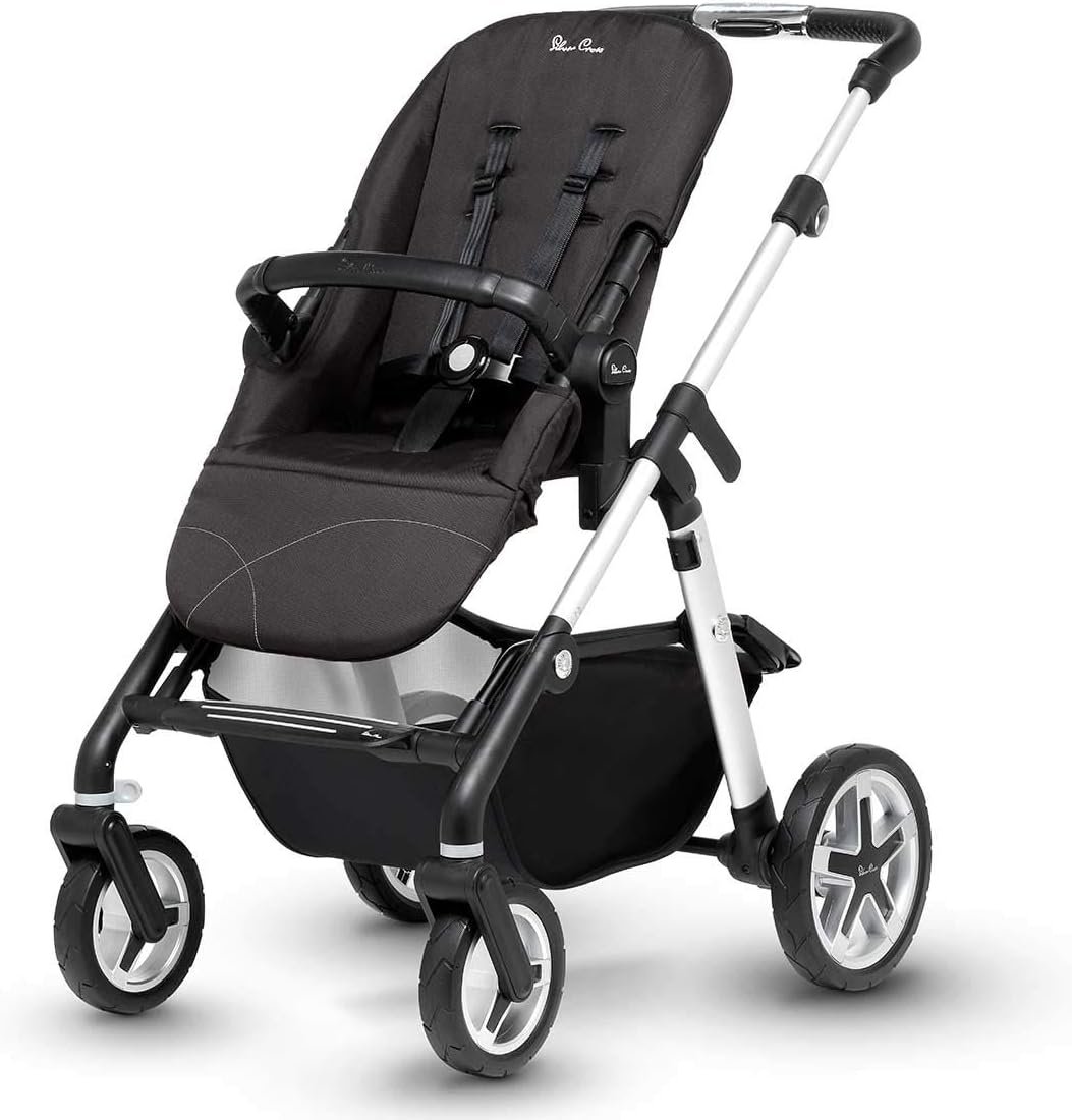Silver Cross Pioneer Baby Pram and Pushchair, Satin Silver Chassis, Seat Unit and Carrycot, From Birth to 25 kg, With Accessories