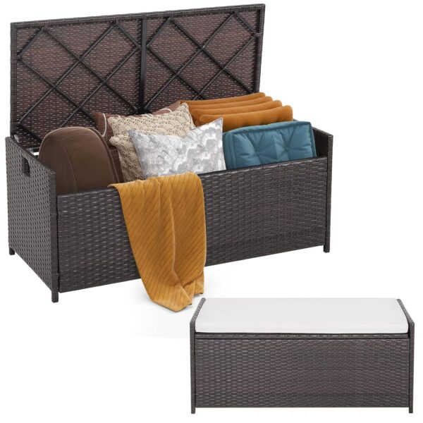 TANGZON 128L Outdoor Storage Bench with Seat Cushion, Patio Mix Brown Wicker Deck Box with Waterproof Liner and Side Handles, Garden Storage Box for Cushions, Garden Tools, Pool...