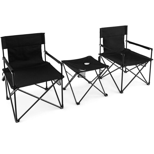 TANGZON 3 Piece Camping Chairs and Table Set, Foldable Table Set with Carry Bag, 2 Cup Holders & Storage Pocket, Indoor Outdoor for Picnic Party BBQ, Black