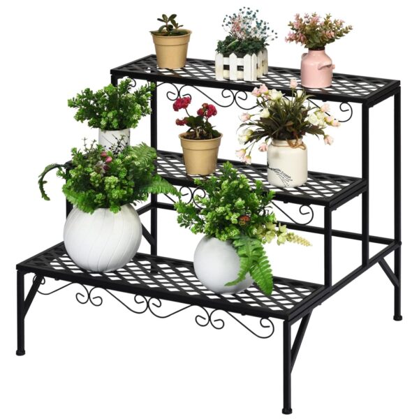 TANGZON 3 Tier Metal Plant Stand, Ladder Shelf Flower Pot Holder, Indoor Outdoor Plant Flower Display Rack for Living Room Balcony Garden Patio, 70 x 60 x 60 cm, Straight Base