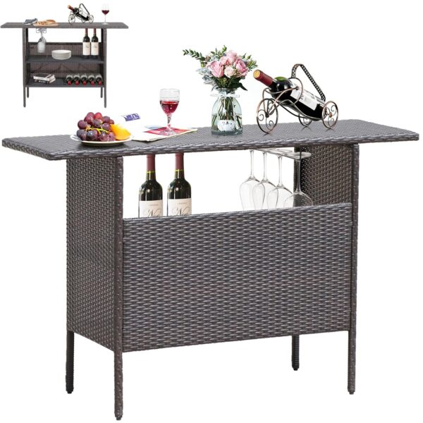 TANGZON 3 Tier Outdoor Bar Table, PE Rattan Garden Table with 2 Metal Mesh Shelves & Glass Holder, Indoor Outdoor Dining Furniture for Bistro Backyard Patio Poolside Balcony,...