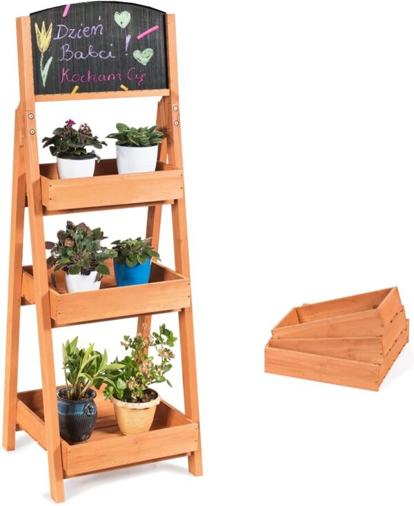 TANGZON 3-Tier Wooden Plant Stand, Ladder Flower Display Shelf with Chalkboard & Detachable Trays, Indoor Outdoor Plant Pot Organiser Holder Rack for Living Room Patio Balcony...