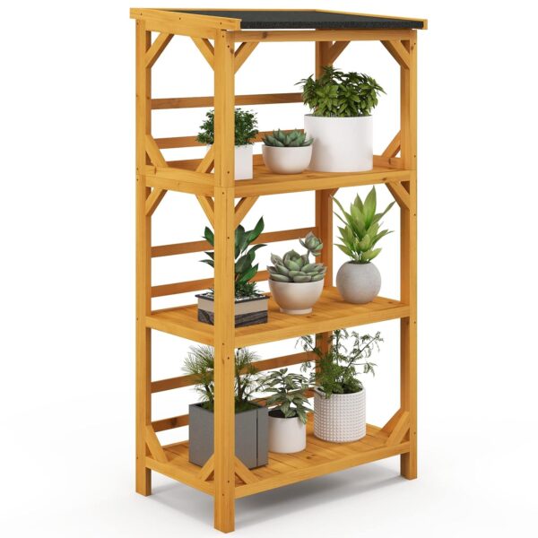 TANGZON 3-Tier Wooden Plant Stand, Outdoor 137CM Tall Utility Storage Shelf Organizer with Sloped Asphalt Roof, Freestanding Flower Display Rack for Garden Patio Balcony, 90KG...