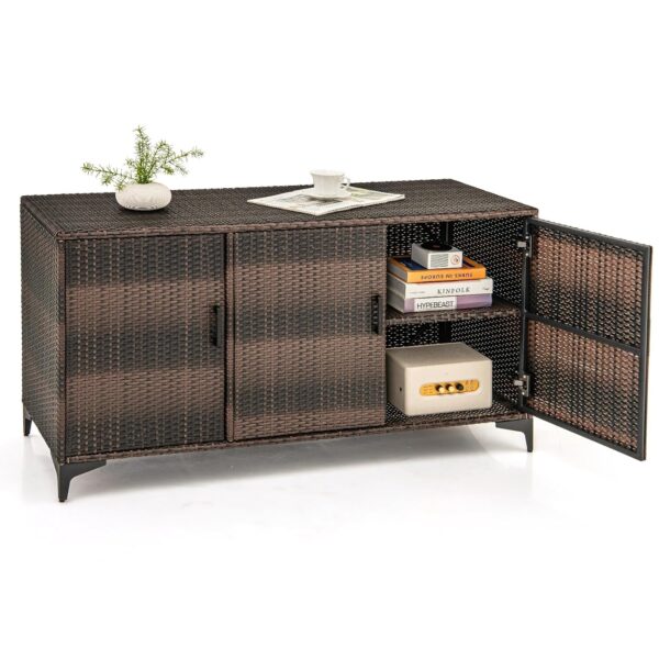TANGZON 318L Garden Deck Box, 3 Door Patio Cabinet Container with Removable Shelves, Indoor Outdoor Large Storage Box for Pillows, Cushions, Tools (Mix Brown)