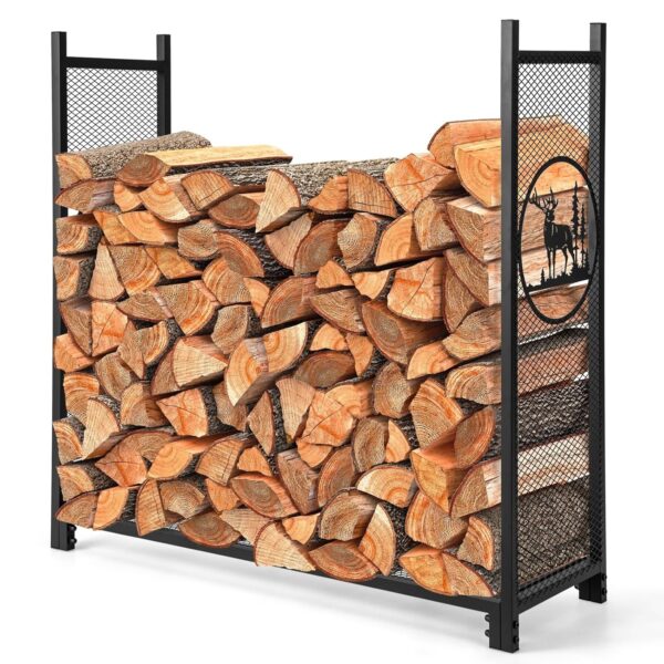 TANGZON 4FT Firewood Rack, Heavy Duty Metal Fire Log Holder with Elk Patterns, Mesh Sides & Bottom, Indoor Outdoor Enlarged Fireplace Wood Storage Basket Stand, 121 x 38 x 117cm