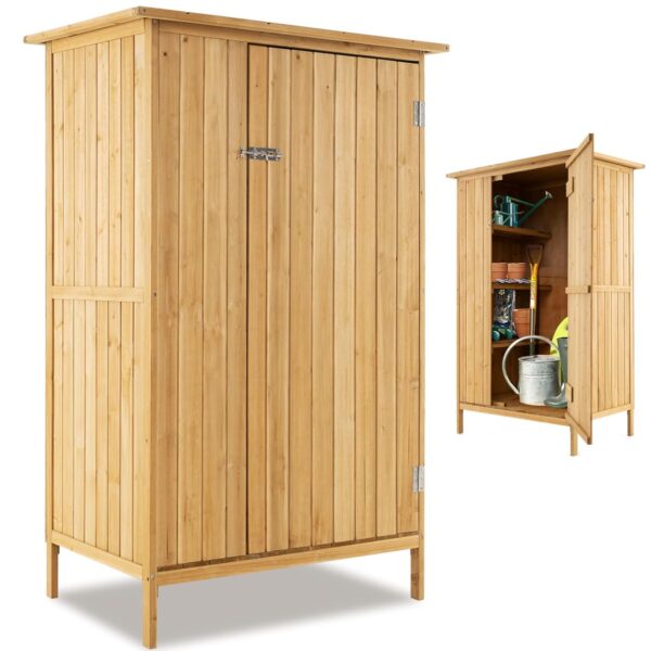 TANGZON 5×3 FT Wooden Garden Shed, Outdoor Storage Sheds with Sloped Asphalt Roof, Lockable Door, 5 Hanging Hooks & 3 Shelves, Vertical Utility Tool Storage Cabinet for Patio...