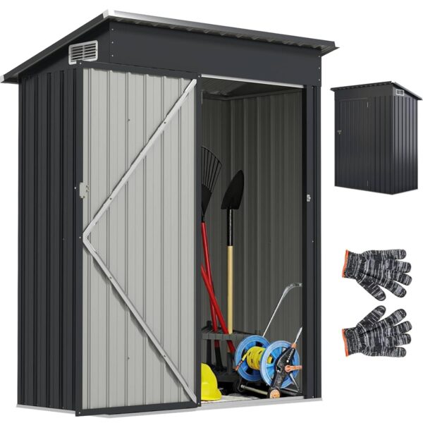 TANGZON 5 x 3FT Metal Garden Shed, Galvanized Steel Outdoor Tool Storage House with Top Sloping Design, Opening Door, Air Vents, Tool Utility Gardening Shed Box (150x88x185cm,...
