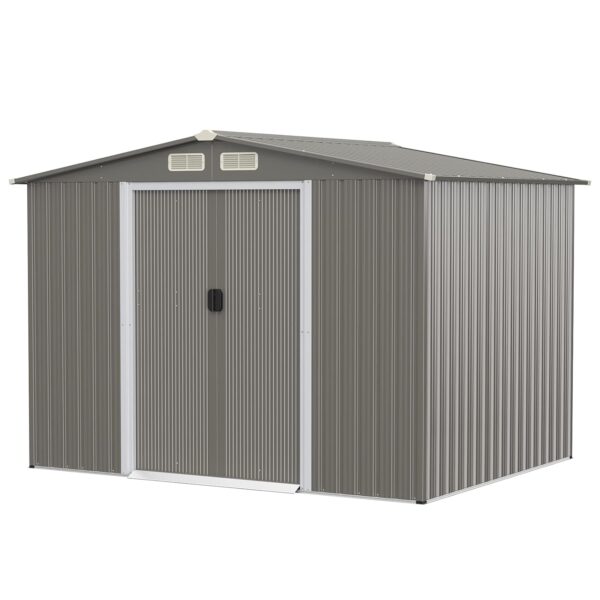 TANGZON 7x4FT/8.5x7/9x6FT Metal Garden Shed, Galvanized Roof Tool Storage House with Double Sliding Doors, Floor Foundation, Ramp & Louvers, Outdoor Gardening Shed Box (8x6FT,...