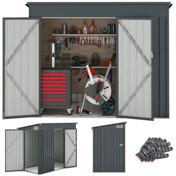 TANGZON 8 x 4FT Metal Garden Shed, Heavy Duty Galvanized Steel Outdoor Tool Storage House with 2 Doors, Top Sloping Design, Air Vents, Trash Can Bike Tool Toy Utility Gardening...