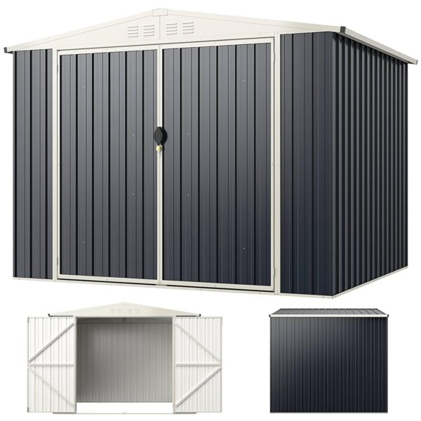 TANGZON 8 x 6ft Metal Garden Shed, Galvanized Steel Outdoor Tool Storage House with Lockable Door, Pitched Roof, 4 Vents & All-Weather Design, Utility Log Store Gardening Shed...