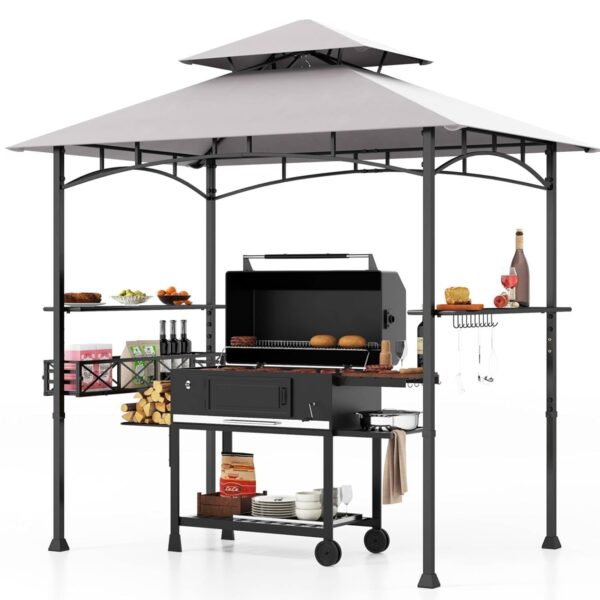TANGZON BBQ Grill Gazebo, Outdoor Barbecue Canopy with 2-Tiered Top, 2 Side Shelves, Hanging Hooks, Bottle Opener, Garden Deck Lawn Grilling Shelter (with Storage...