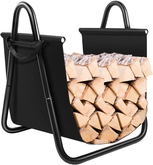 TANGZON Fireplace Log Holder with Canvas Carrier, Metal Firewood Rack with Handles, 46 x 43 x 52cm, Indoor Outdoor Heavy Duty Wood Basket Stacker for Kindling Wood Stove...