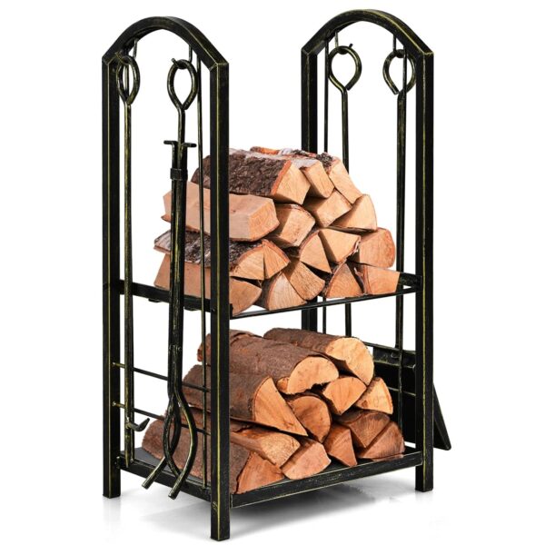 TANGZON Fireplace Log Rack with 4 Fireplace Tools, 43x30x74cm Wrought Iron 2-Tier Firewood Holder, Indoor Outdoor Heavy Duty Fire Log Holder Wood Stacking Storage Stand for...