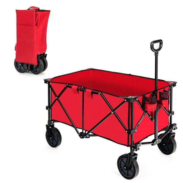 TANGZON Foldable Camping Wagon, Collapsible Garden Wagon Cart with Adjustable Handle, Cup Holders & Storage Bag, Outdoor Canvas Utility Transport Trolley for Festival Shopping...