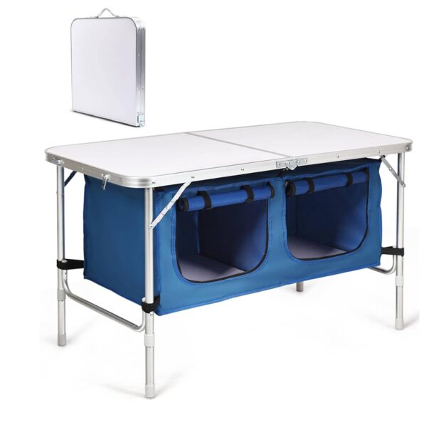 TANGZON Folding Camping Cupboard, 2-Level Height Adjustable Picnic Kitchen Table with Zippered Storage Organizer & Handle, Outdoor Portable Aluminum Storage Unit for Dining...