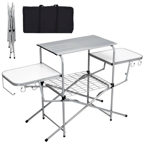 TANGZON Folding Camping Kitchen Table, Portable Aluminum Picnic Table with 2 Side Tabletops, Wire Rack, Towel Holder & 4 Hooks, Outdoor Quick Set-Up Dining Table Cook Station...
