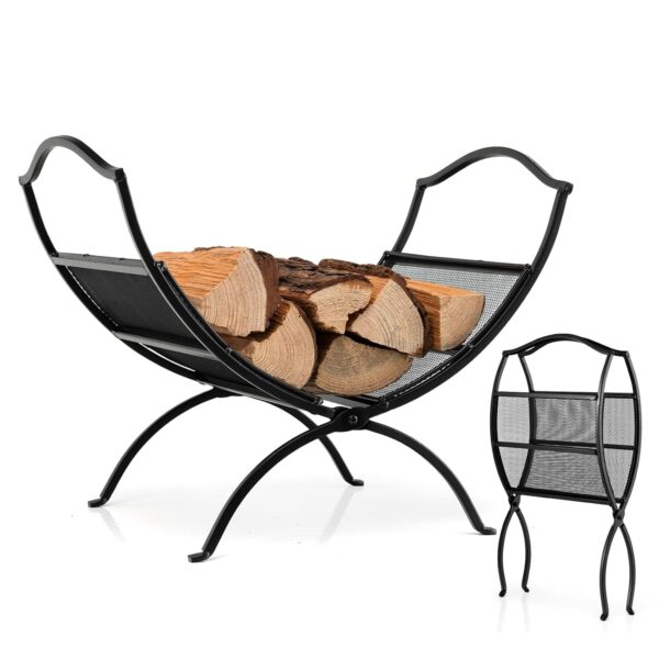 TANGZON Folding Firewood Rack, Heavy Duty Metal Arced Firewood Log Holder, Indoor Outdoor Fireplace Wood Storage Shelf Stand, 48 x 33 x 42cm