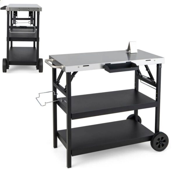 TANGZON Movable Dining Table Cart, 3-Tier Stainless Steel Flattop Food Prep Serving Table with 2 Wheels, Side Handle, Spice Rack & Phone Holder, Outdoor Folding Pizza Oven...