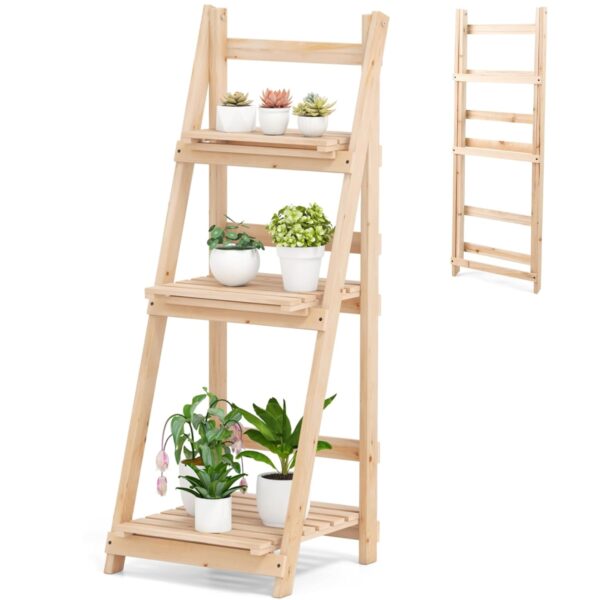 TANGZON Wooden Folding Plant Stand, 3 Tier Flower Planter Ladder Display Rack, Indoor Outdoor Plant Pots Holder for Home, Garden, Backyard & Balcony (Natural, 41 x 41 x 108cm)