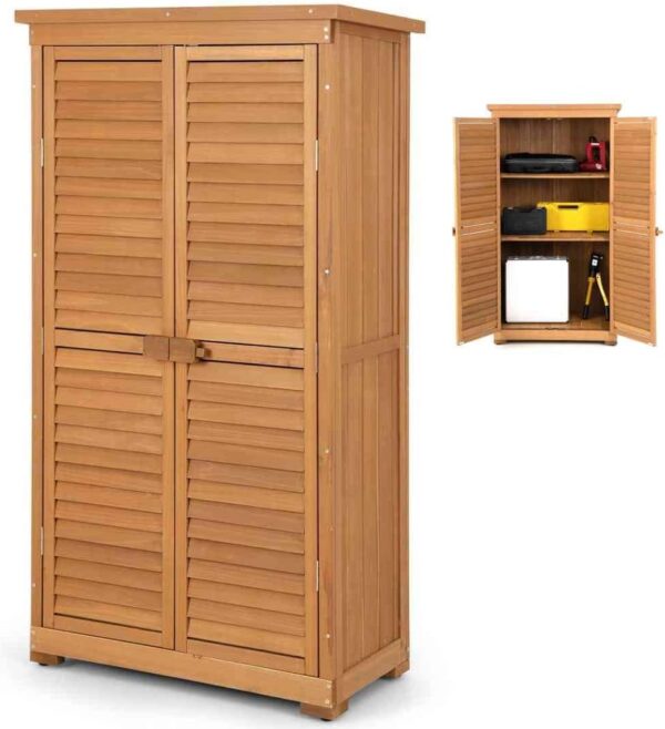 TANGZON Wooden Garden Storage Shed, 82 x 42 x 160cm Outdoor Tool Storage Cabinet with 3 Detachable Shelves & Lockable Doors, Waterproof Tool Organizer House for Patio Backyard