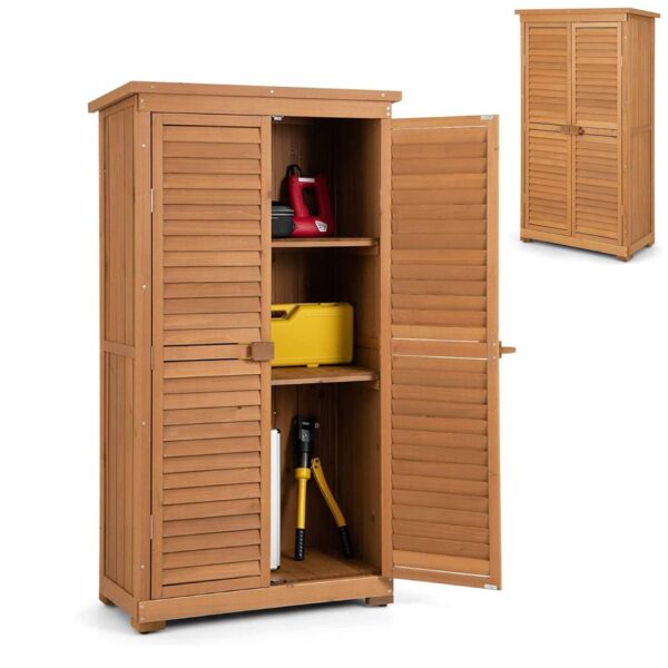 TANGZON Wooden Garden Storage Shed, Outdoor Tool Storage Cabinet with 3 Detachable Shelves, Tilt Asphalt Roof & Lockable Doors, Vertical Tool Organizer House Closet for Patio...