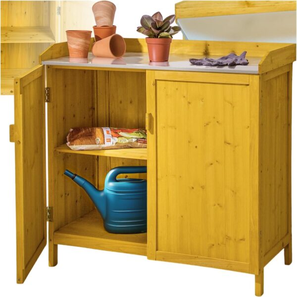 tectake® Garden Cabinet with 2 Storage Compartments, Potting Bench in Durable Pinewood with Galvanised Steel Worktop, Versatile Garden Storage Cupboard for Greenhouse, Tools,...