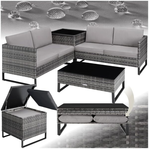 TecTake® Rattan Garden Lounge Set, Modular Corner Sofa with Garden Storage Box and Table, UV-Resistant Poly-Rattan Weave, Sturdy Frame, 2 Seater Sofa with Water-Repellent...