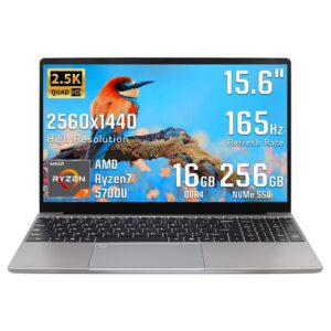 UDKED 15.6 inch Laptop Metal Laptops AMD Ryzen 7 5700U 165Hz,16G RAM,2560x1440 QHD,8 Core 16 Threads,Business Computer,Fingerprint,Backlit,HDMI,Data Type-C,USB 3.0 256G NVMe SSD