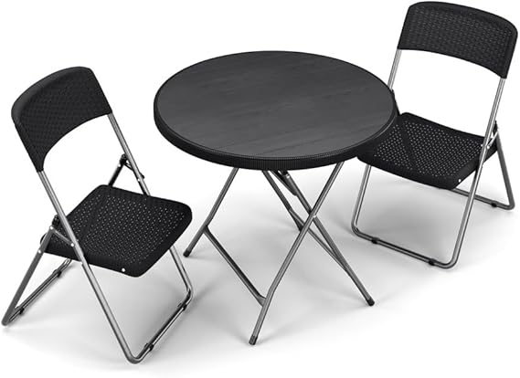 URBNLIVING Black Rattan Look Outdoor Folding Table & Chairs Set - Round Garden Bistro Patio Furniture, Plastic Wood-Effect, Fully Assembled, Set Includs 2 or 4 Folding Chairs