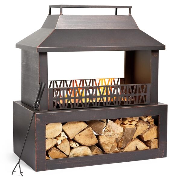 VonHaus Outdoor Fireplace, Fire Pit with Log/Wood Store for Garden, Patio, Fuel with Wood, Logs, Charcoal, Brushed Metallic Finish, Geometric Design, Steel, Weather Resistant,...