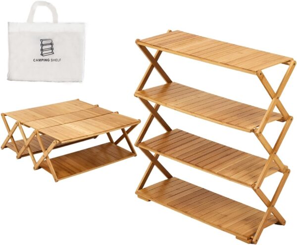 Warmiehomy 2-in-1 Camping Table Storage Shelf Folding 2 Tier Picnic Tables 4 Tier Storage Rack Bamboo Portable Table Organizer Shelf with Carry Bag for Indoor Outdoor，Wood