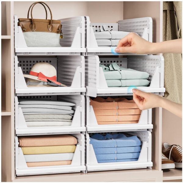 4 Pack Folding Closet Organizers Box, Stackable Plastic Basket, Drawer Shelf Container for Cupboard Kitchen Bathroom Bedroom (4L) White