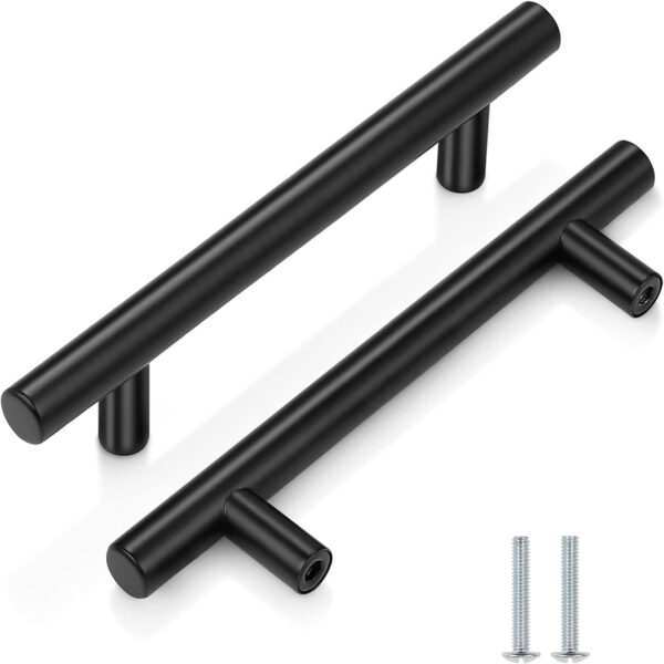 5 Pack Kitchen Cupboard Handles - Stainless Steel Door and Cabinet Handles for Wardrobe, Drawer (Black, Hole Centre 96mm)