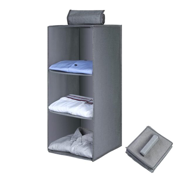 AiQInu Hanging Shelf Wardrobe, Hanging Storage Cupboard Organiser with 3 Compartments, Foldable, Space-Saving, Sturdy Hanging Organiser with Bamboo Pole, Reinforced Storage...