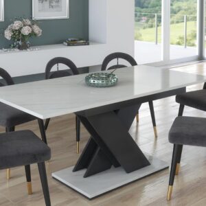 Furneo Tavolo 01 – Modern Extendable Dining Table Only, 120–160 cm, White Marble Effect Matt Finish, MDF